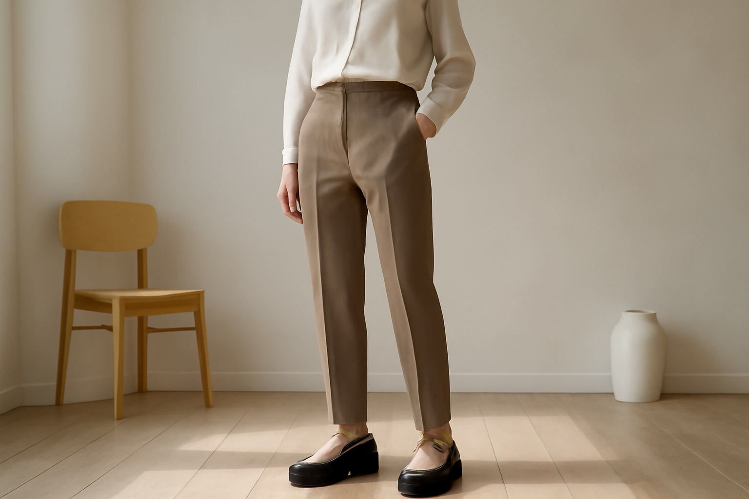tenue sobre avec chaussures au design marqué