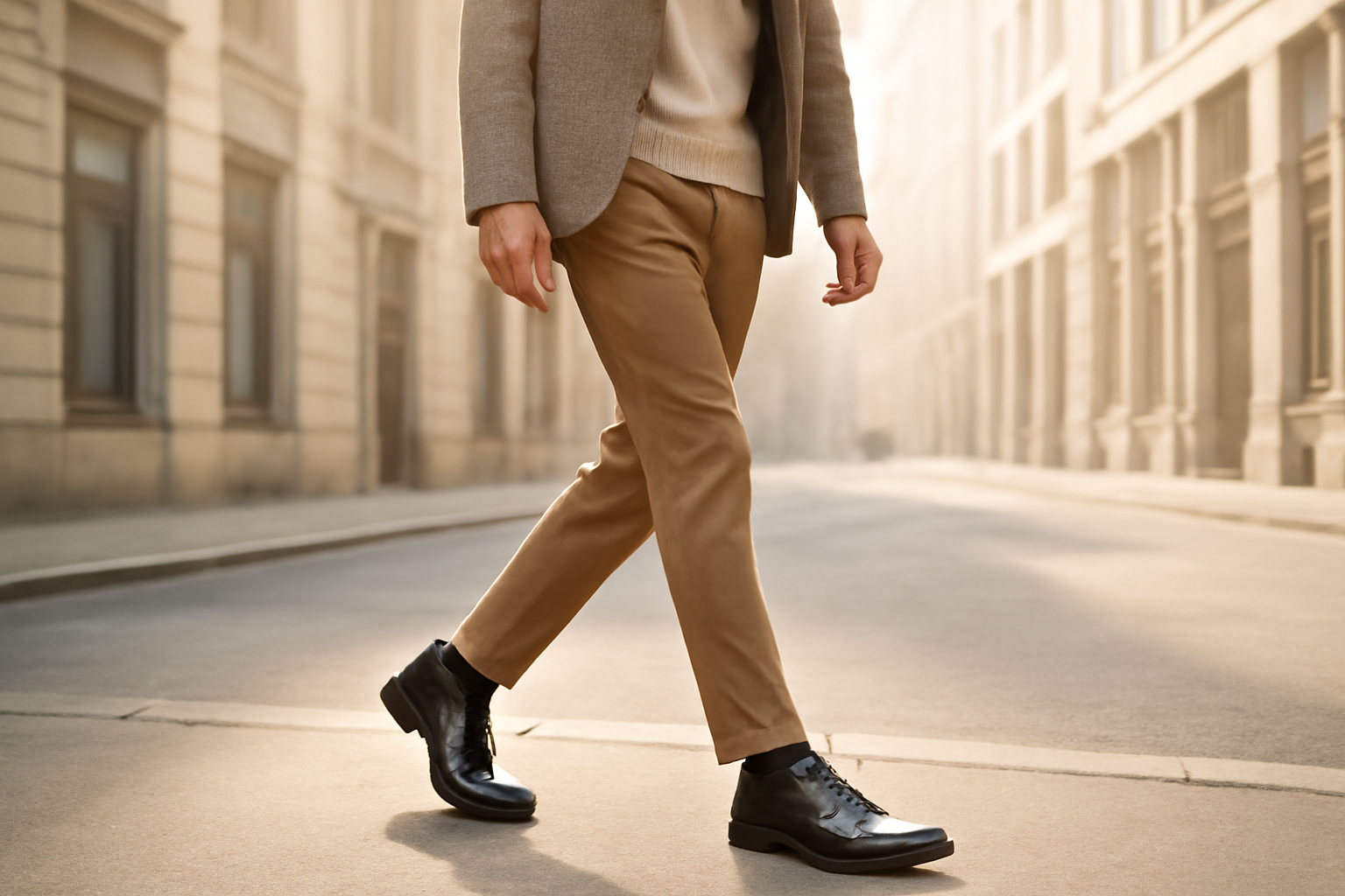 annie-chausseur-porter-chaussures-cuir-noir homme marchant en ville avec chaussures en cuir noir