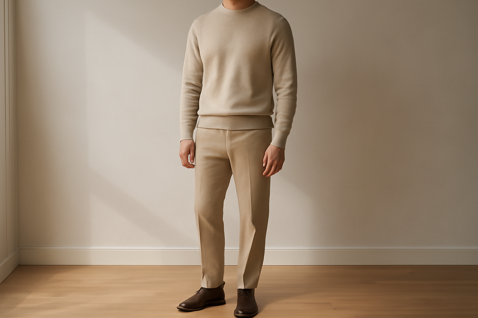 homme avec tenue neutre et chaussures sobres