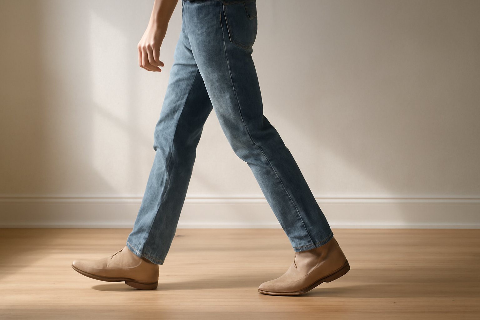 annie-chausseur-porter-chaussures-suede-jean personne marchant avec jean et chaussures veloutées