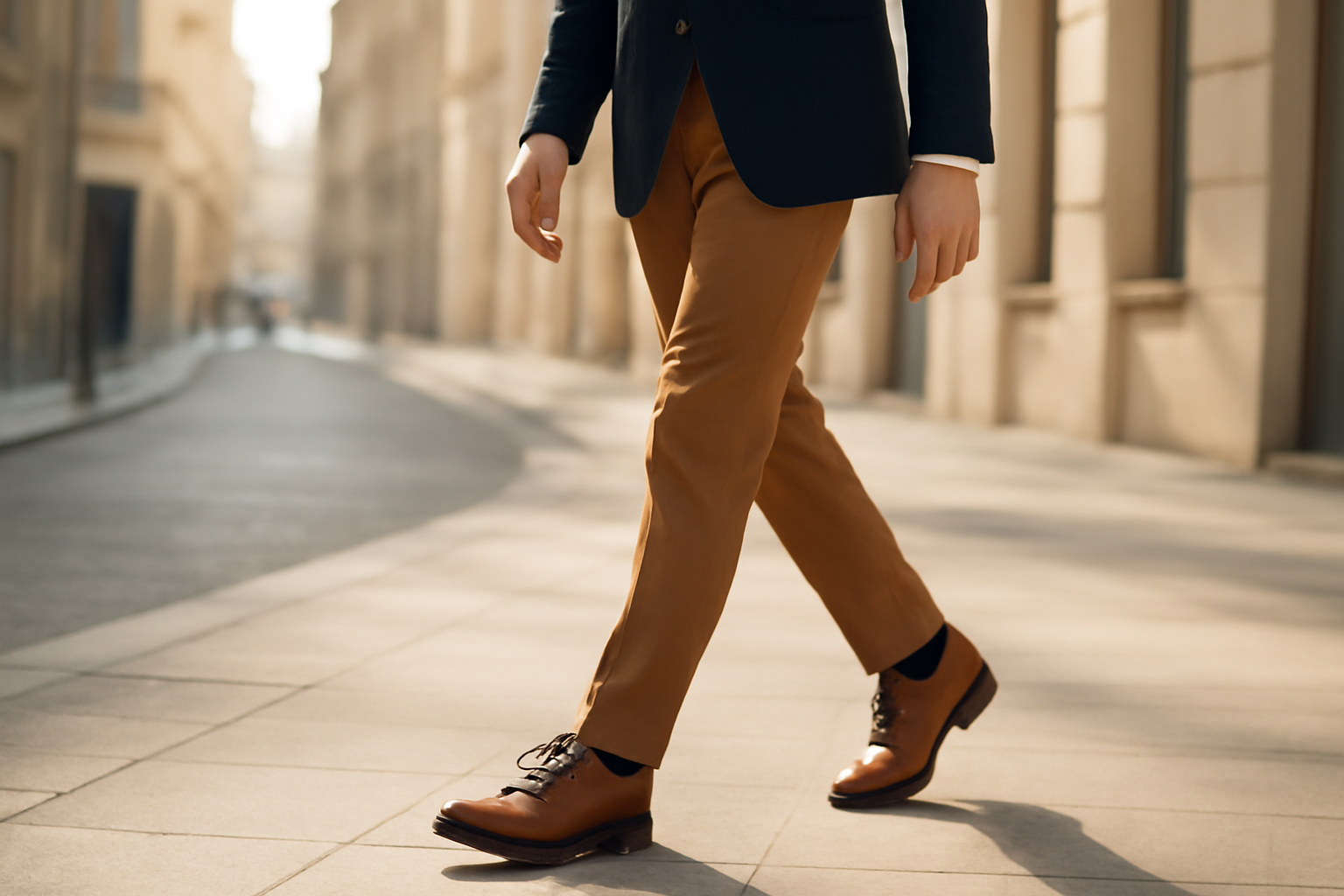 annie-chausseur-porter-derby-homme-style homme marchant en ville avec chaussures élégantes et pantalon