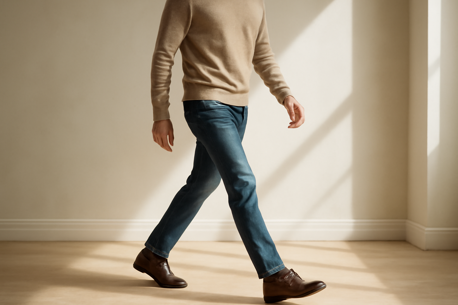 annie-chausseur-porter-loafers-homme-style homme marchant avec chaussures élégantes et tenue casual