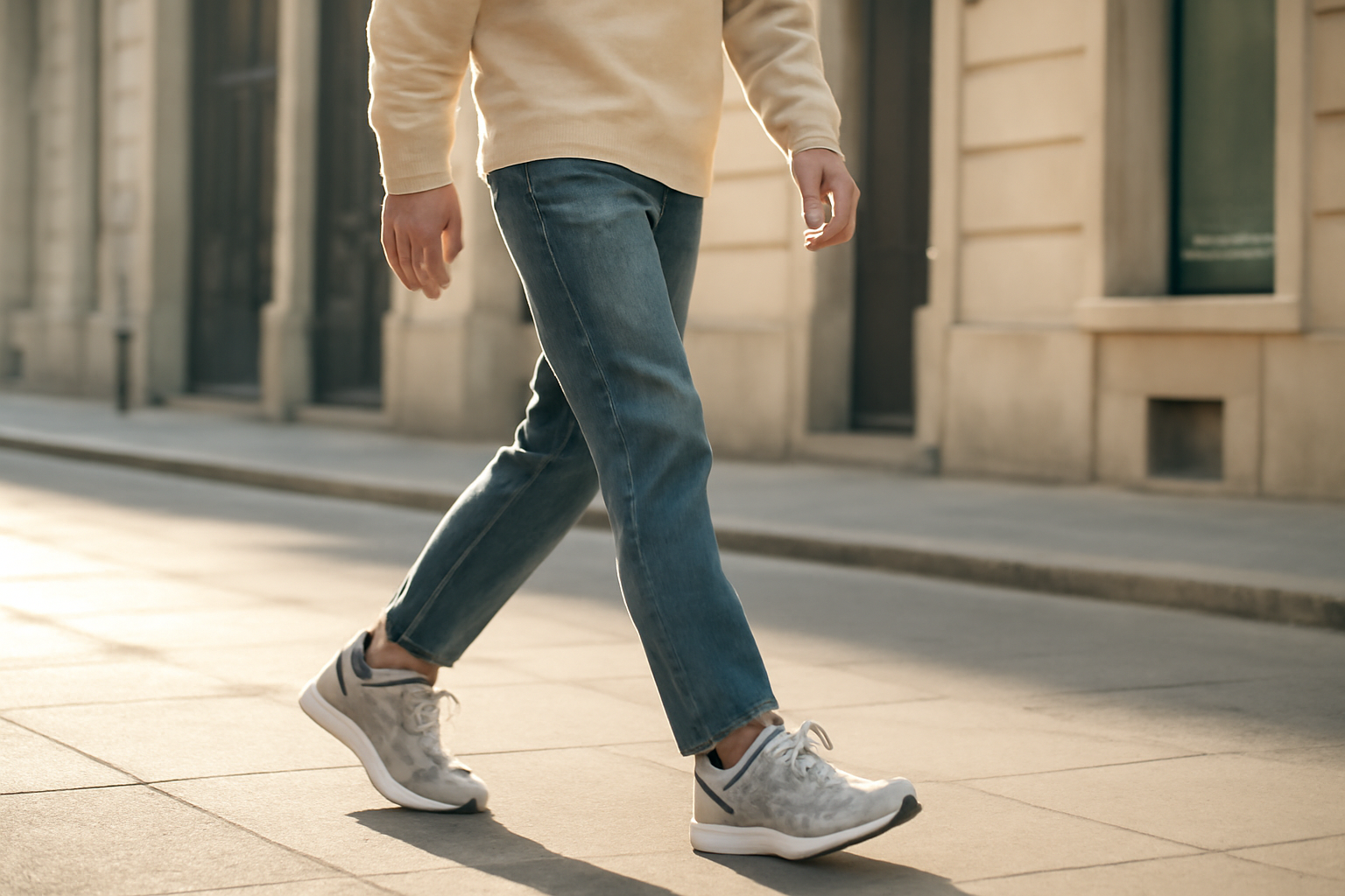 personne marchant en ville avec sneakers techniques et tenue casual