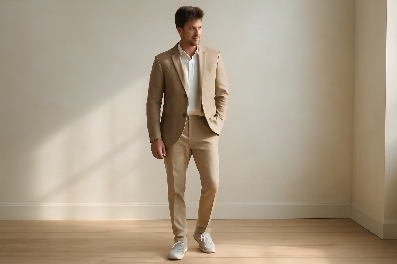 homme en costume avec sneakers modernes