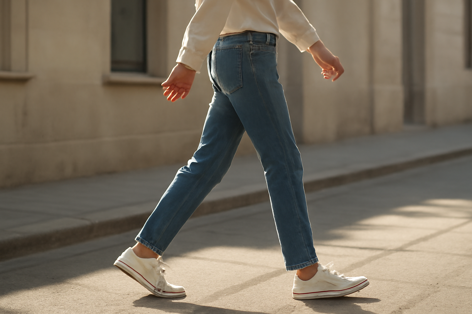 personne marchant avec jean et sneakers dans rue