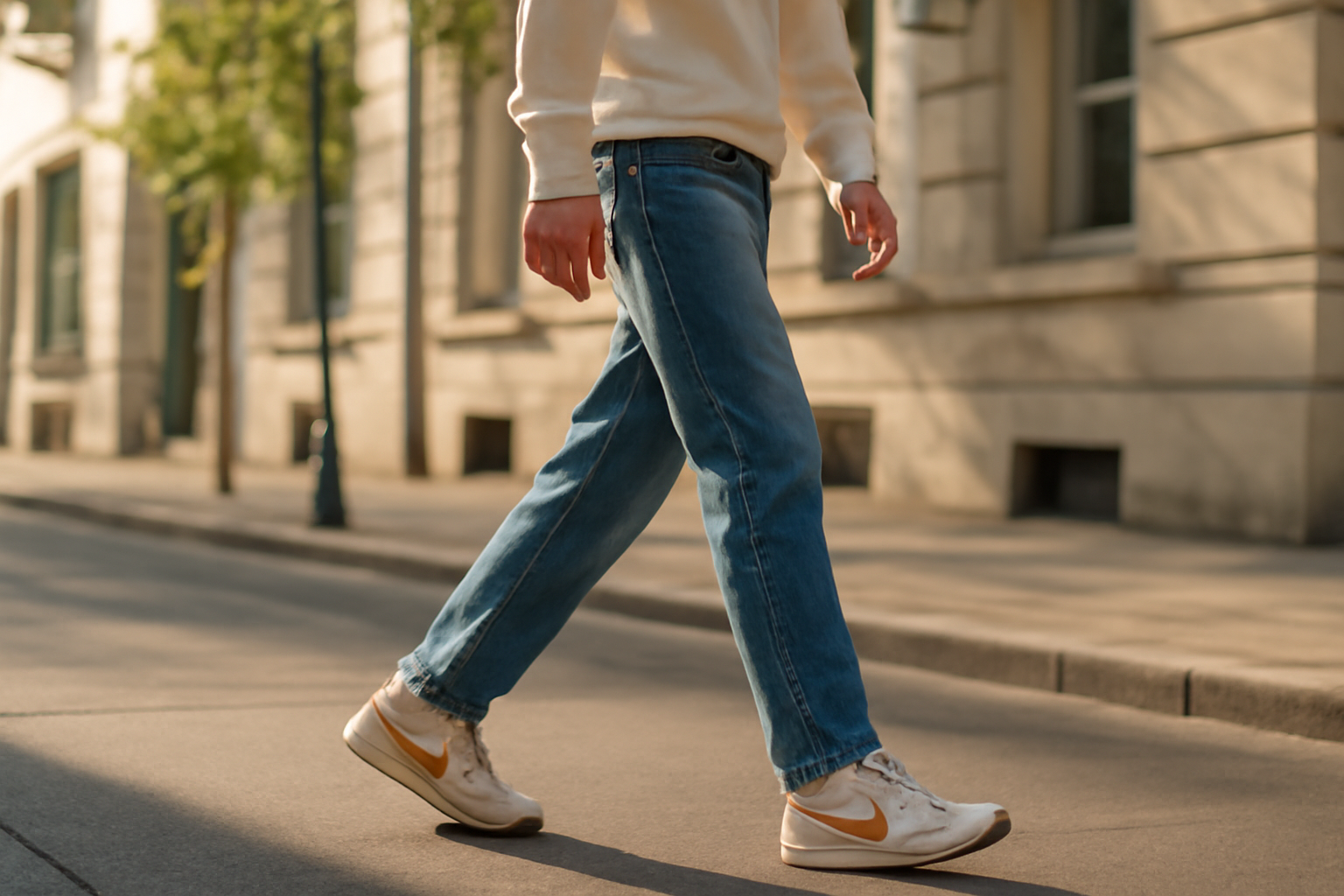 personne marchant en ville avec jean et sneakers rétro