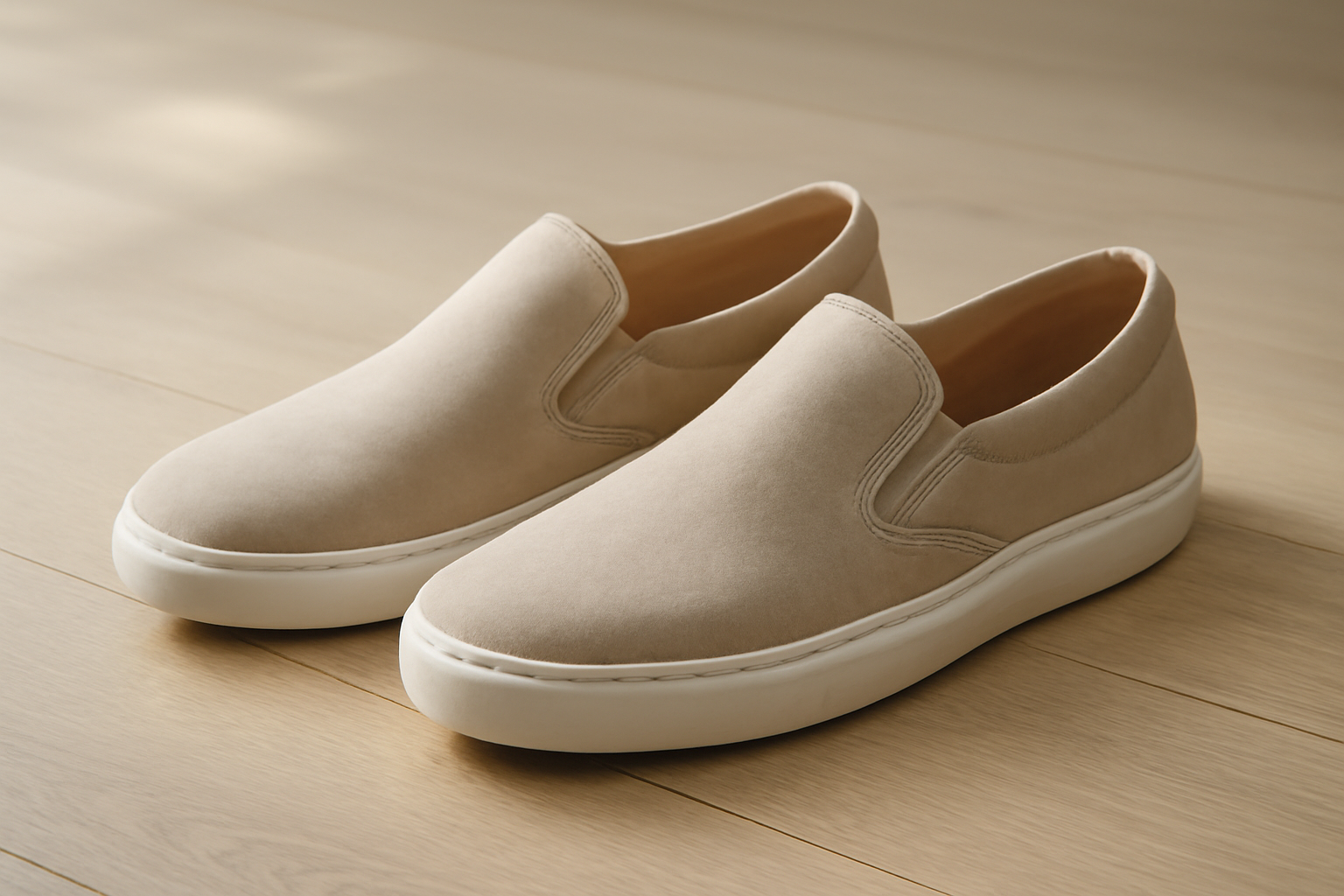 chaussures sans lacets posées sur sol en bois