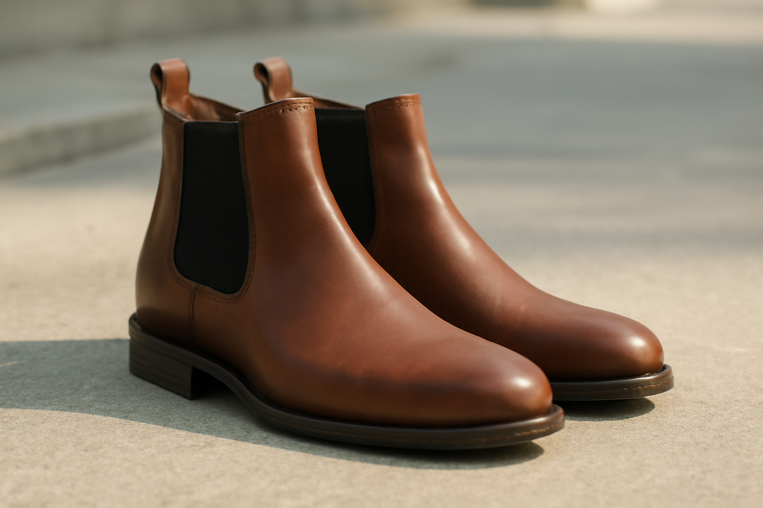 bottines en cuir avec élastiques latéraux posées sur sol urbain