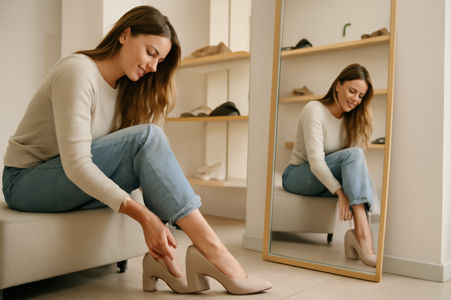 client essayant des chaussures devant miroir en magasin