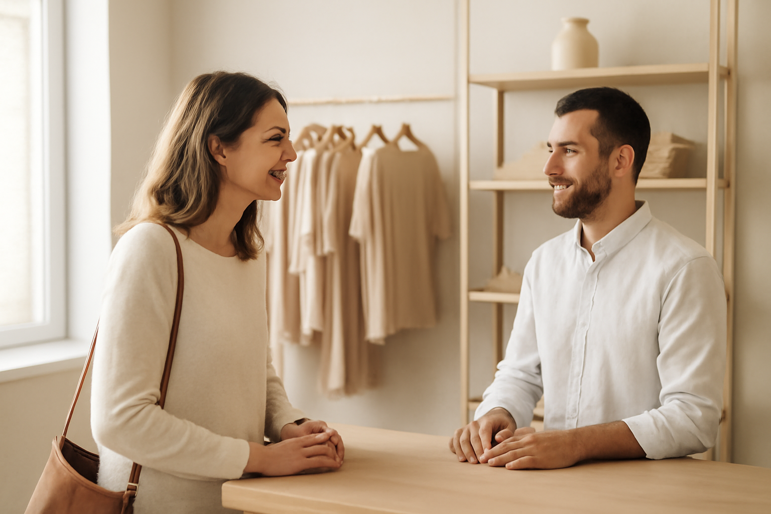 client discutant avec vendeur dans boutique