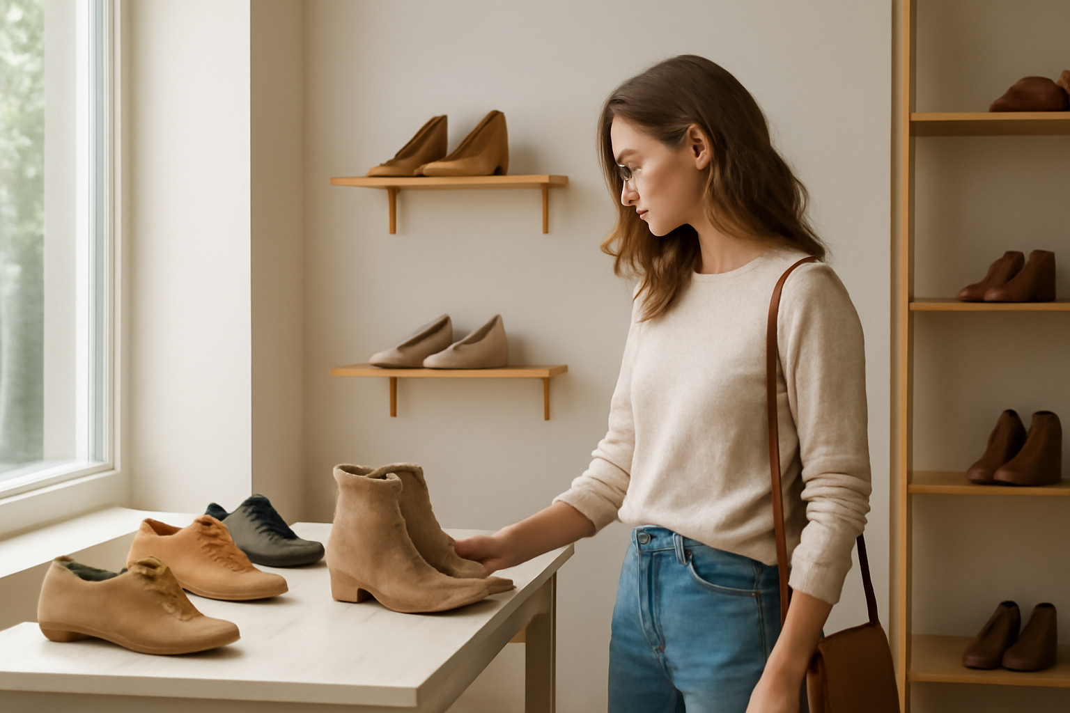 client observant chaussures dans petite boutique