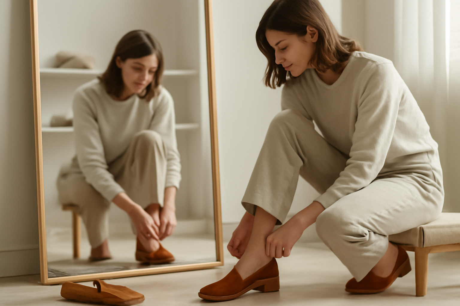 client essayant chaussures devant miroir