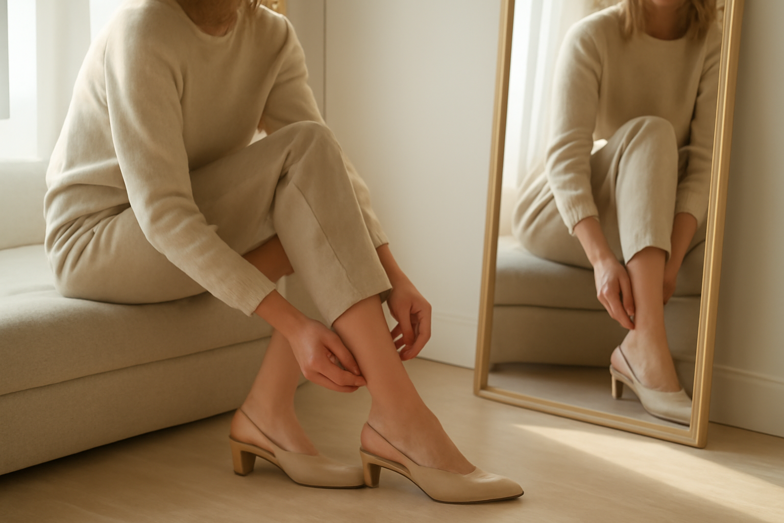 annie-chausseur-choisir-chaussures-boutique-mode client essayant chaussures devant miroir