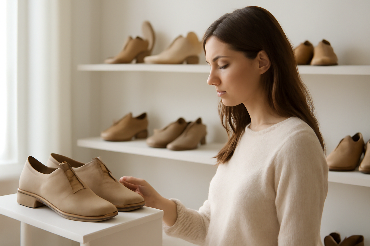 annie-chausseur-choisir-chaussures-boutique-specialisee-ville client regardant chaussures dans boutique spécialisée