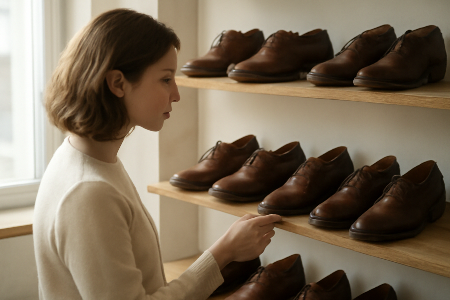 annie-chausseur-choisir-chaussures-boutique-vintage client regardant chaussures anciennes sur étagère
