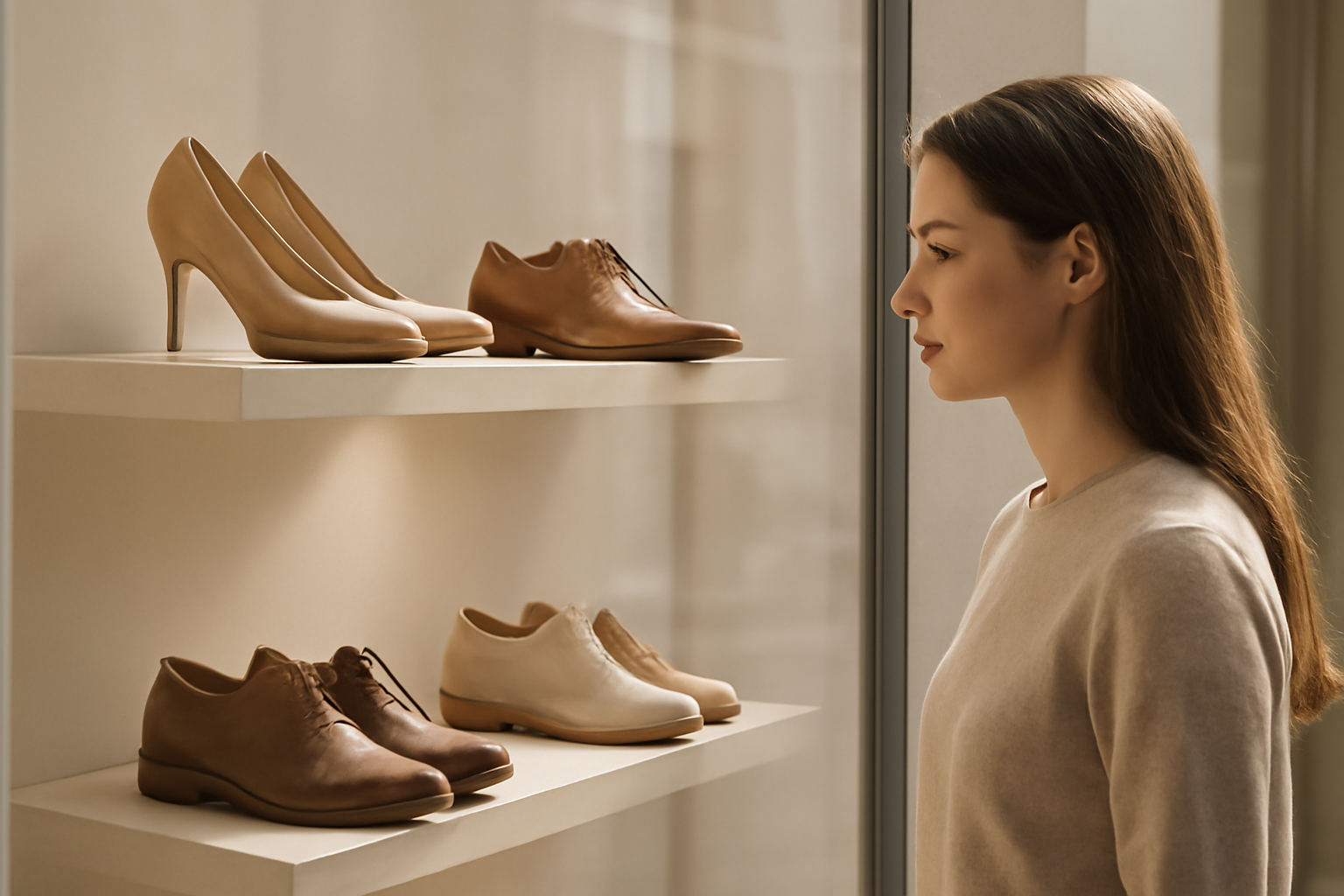 annie-chausseur-choisir-chaussures-centre-commercial client observant plusieurs chaussures en vitrine