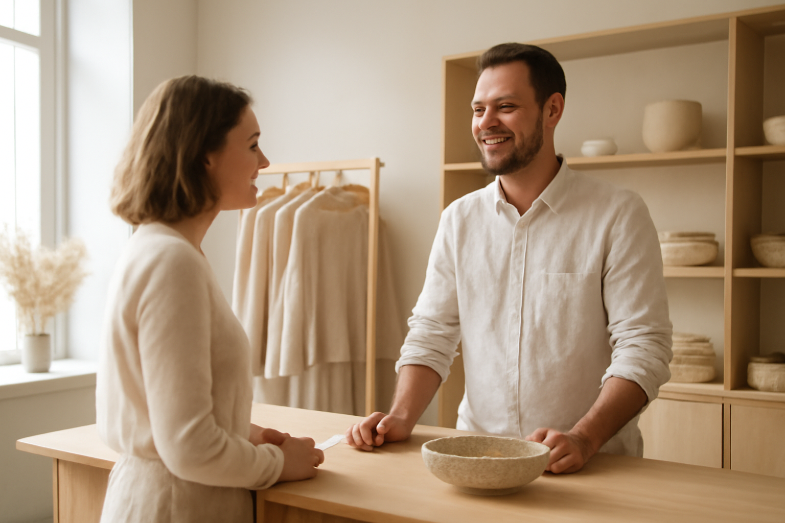 client discutant avec vendeur dans petite boutique