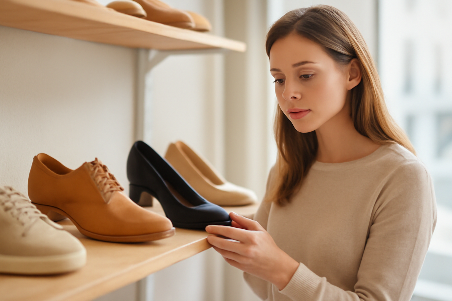 client comparant plusieurs chaussures en rayon