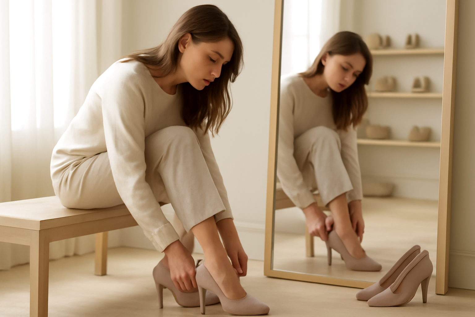 annie-chausseur-choisir-chaussures-magasin-mode client essayant chaussures devant miroir