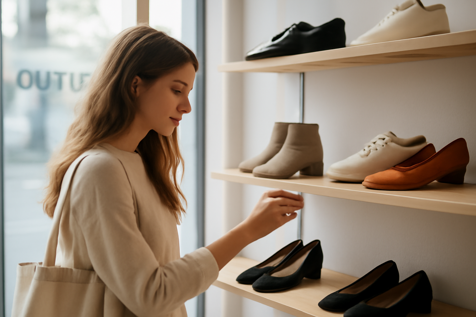 client observant chaussures dans magasin outlet