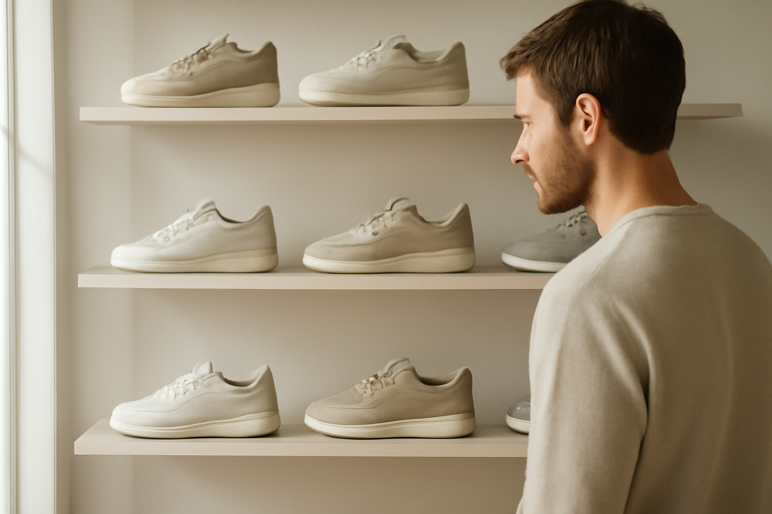 client regardant plusieurs sneakers sur étagère