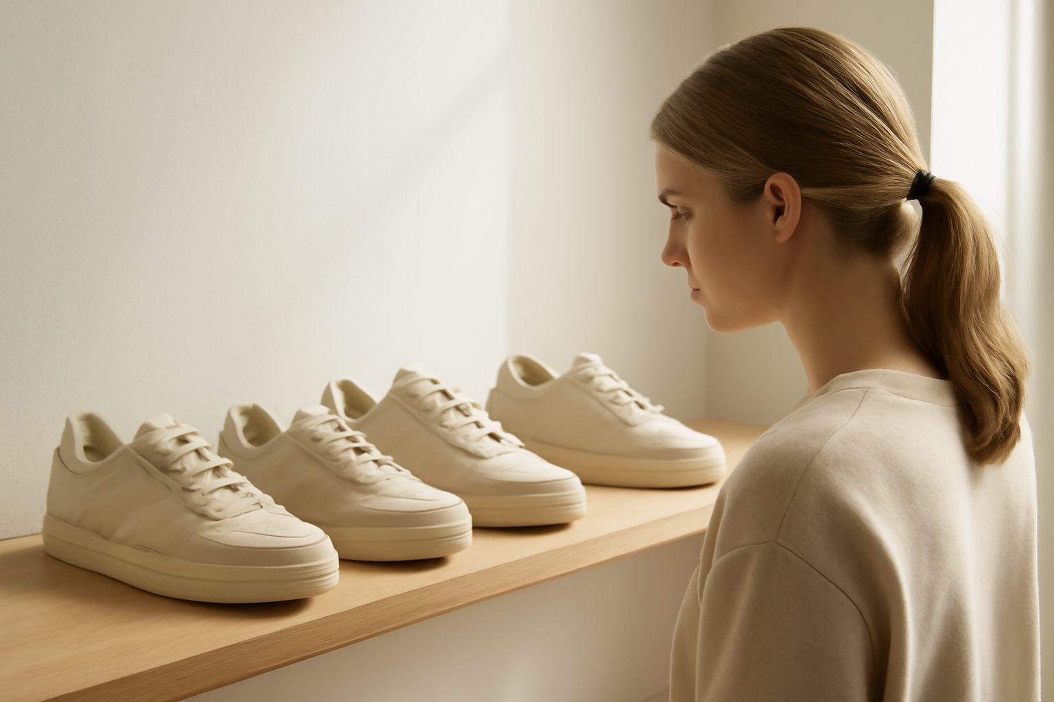client observant sneakers alignées sur étagère
