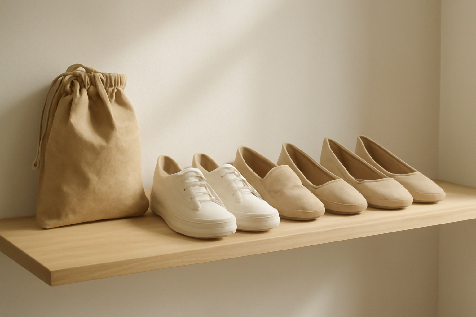 annie-chausseur-desodoriser-chaussures-placard chaussures rangées sur étagère avec sachet naturel