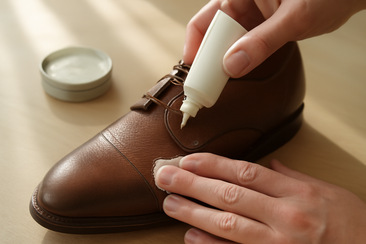 application de crème sur chaussure en cuir texturé