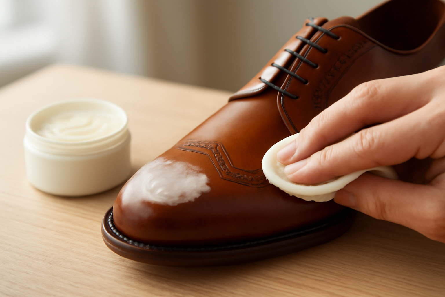 application de crème sur chaussure en cuir