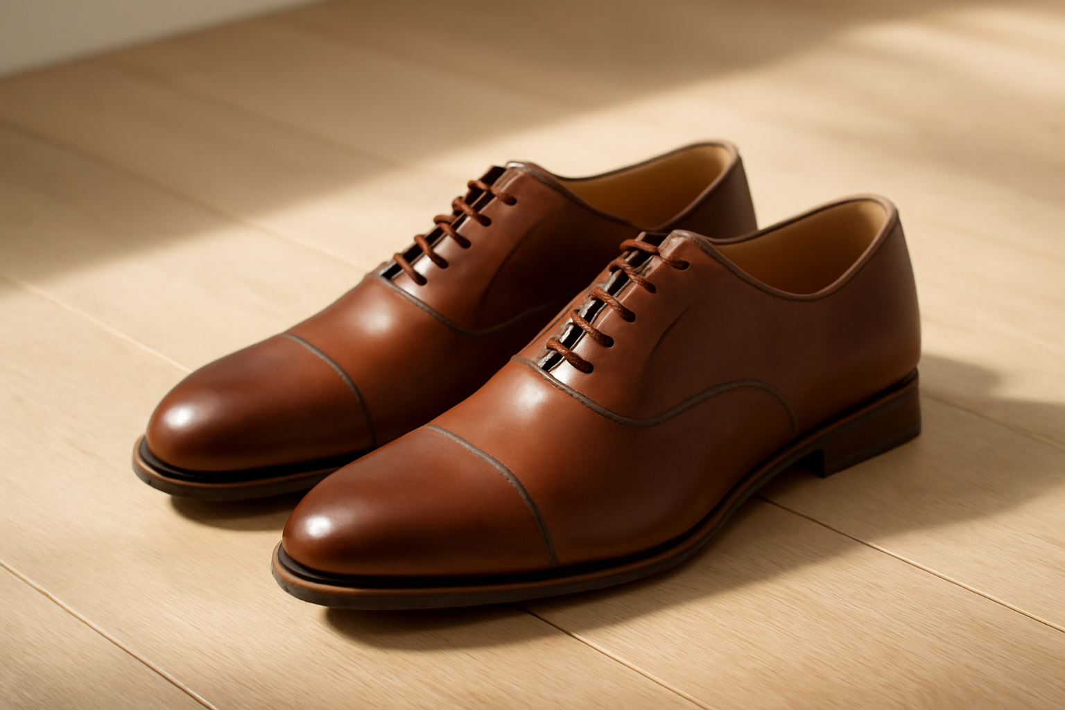 chaussures en cuir élégantes posées sur sol bois