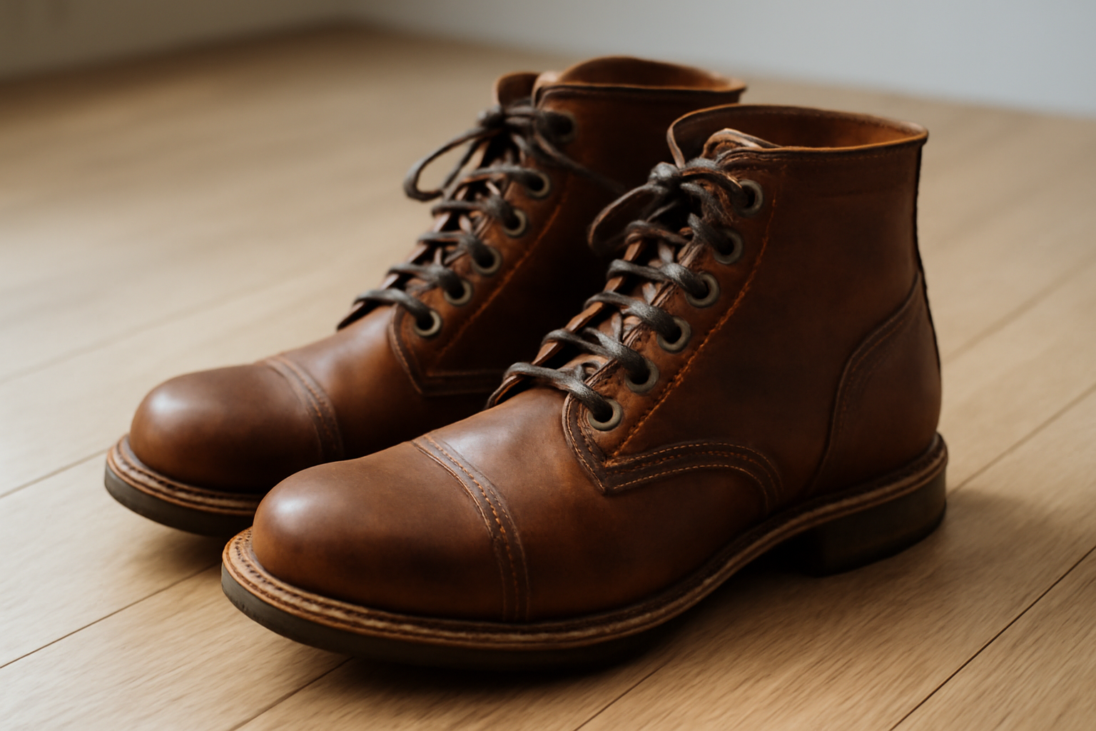 chaussures en cuir robustes posées sur sol bois