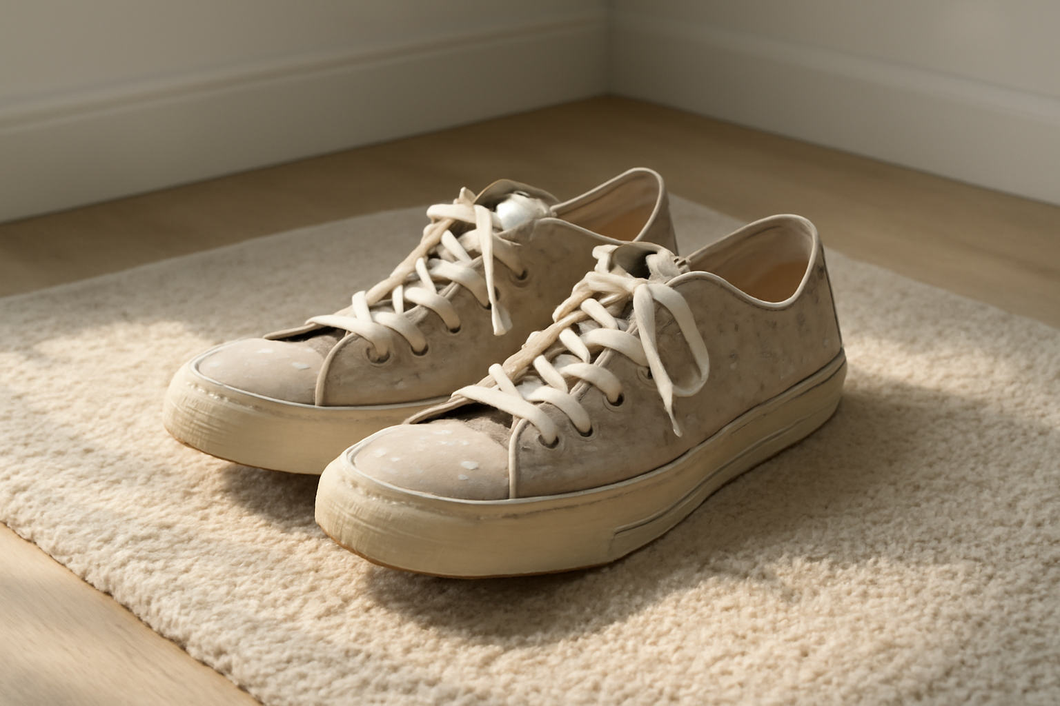 chaussures humides séchant sur tapis intérieur