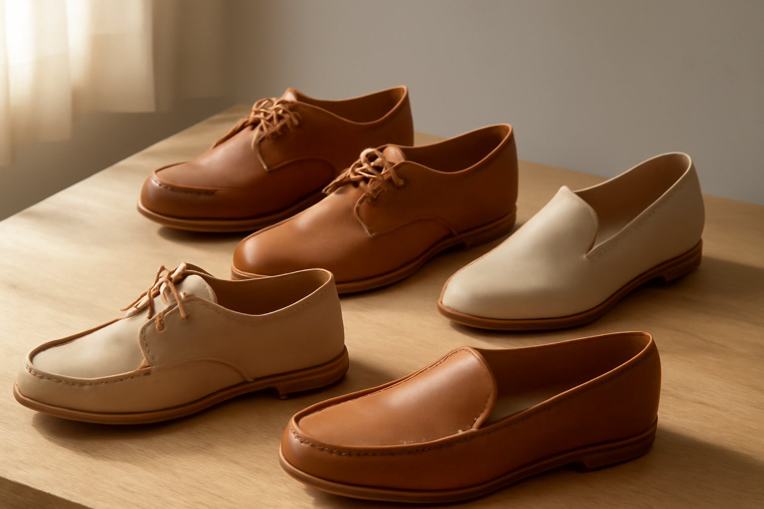 chaussures artisanales exposées sur table bois