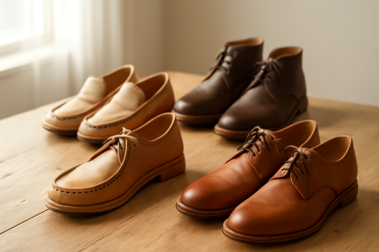 chaussures artisanales exposées sur table bois