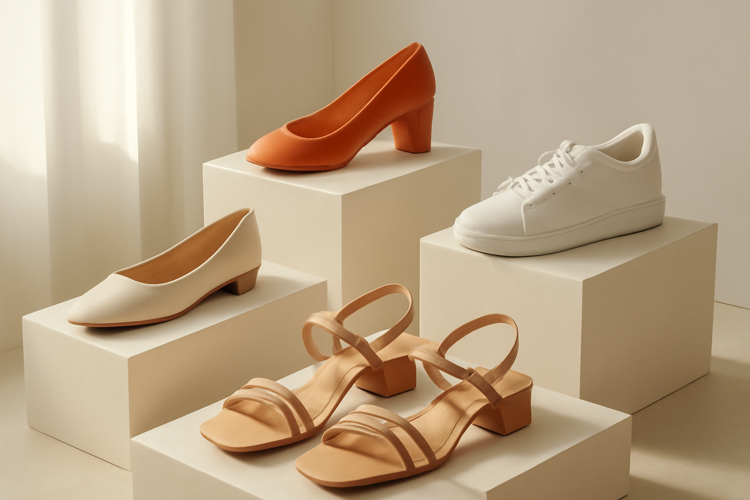 chaussures design exposées sur présentoir minimaliste