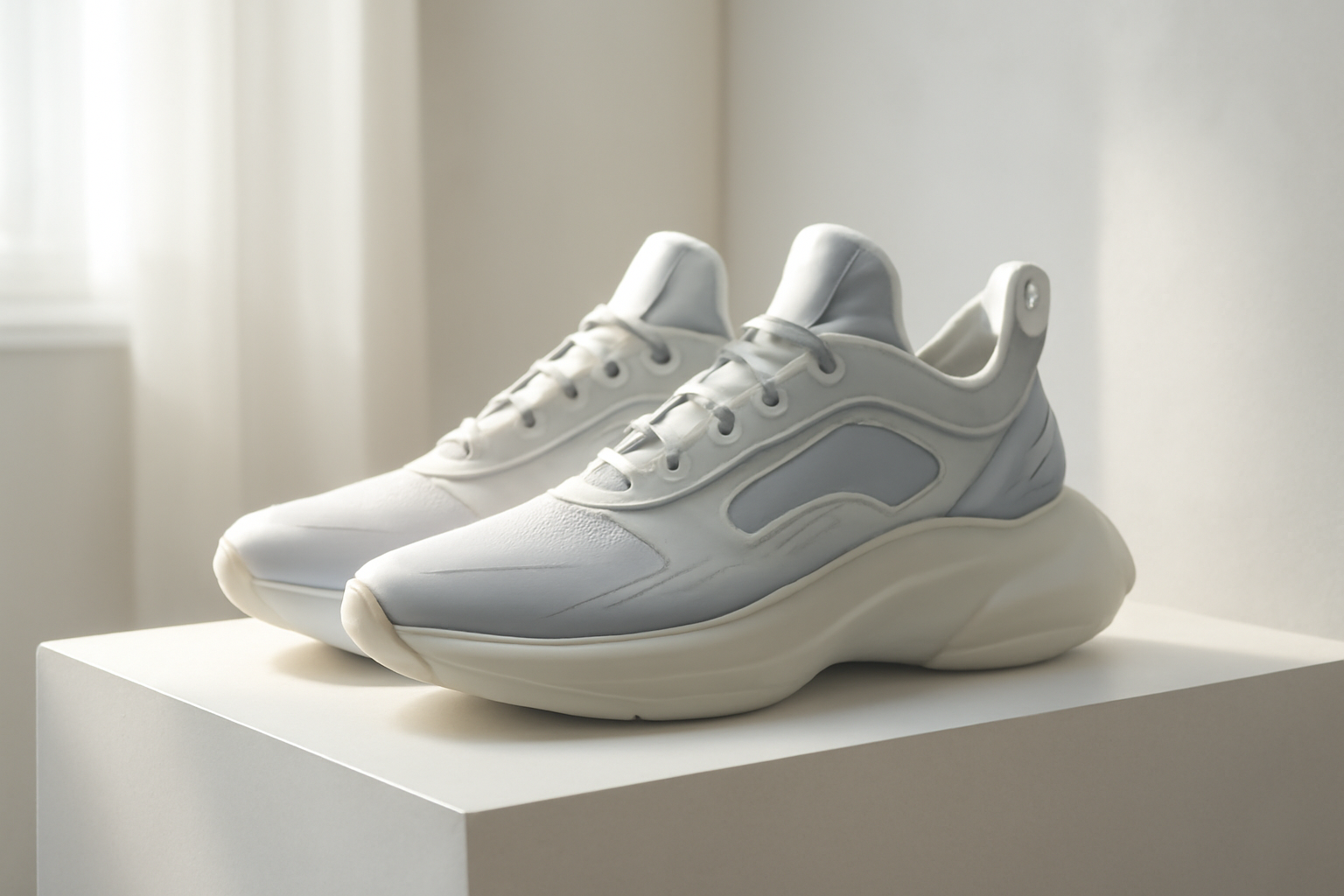 sneakers futuristes exposées sur présentoir
