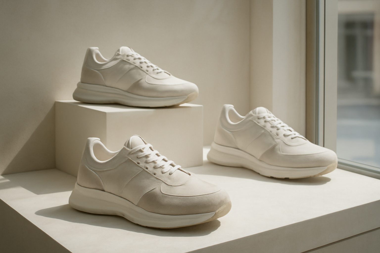 sneakers modernes exposées en vitrine
