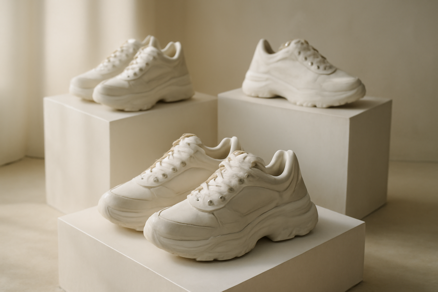 sneakers robustes exposées sur présentoir