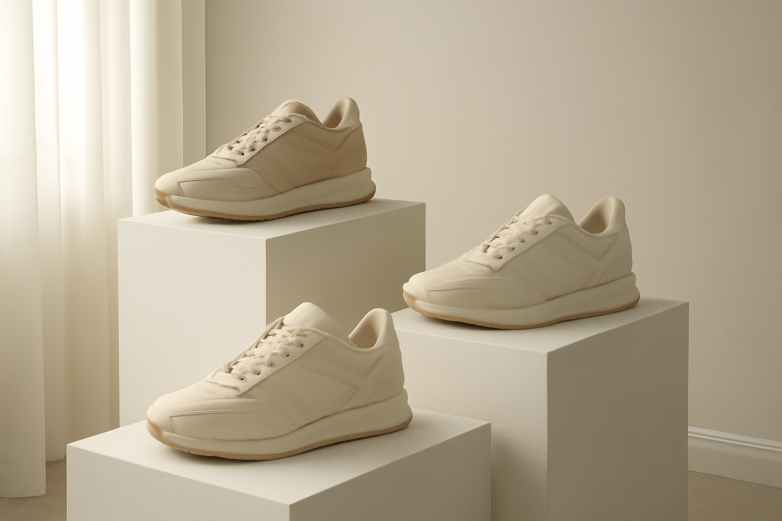 sneakers design exposées sur présentoir