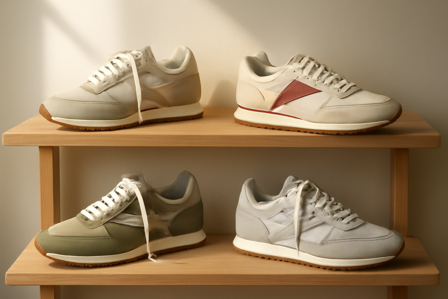 sneakers rétro exposées sur étagère