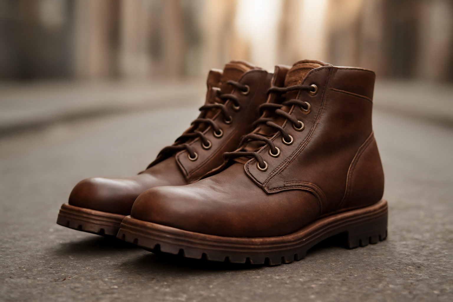 chaussures robustes en cuir posées sur sol urbain