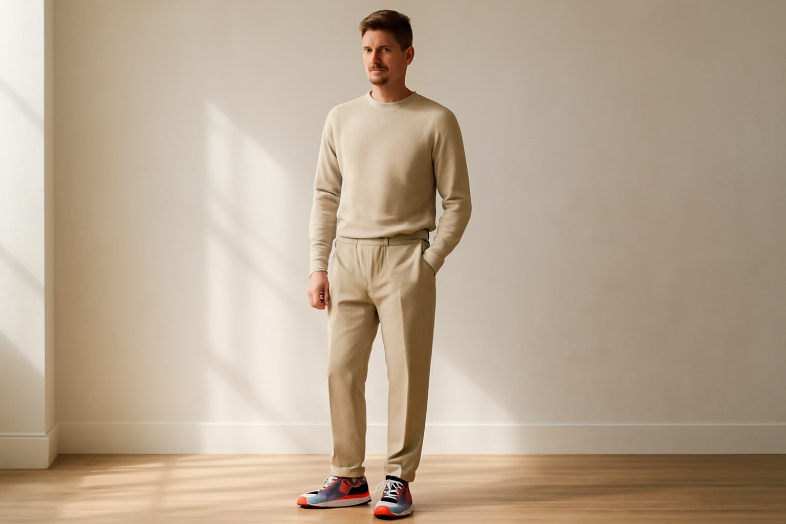 homme avec tenue minimaliste et chaussures audacieuses