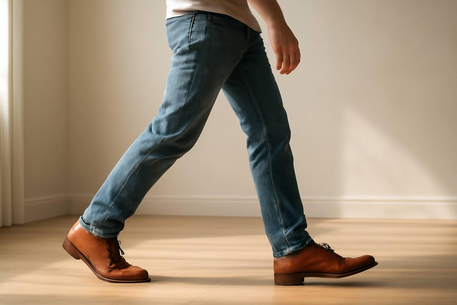 homme marchant avec chaussures en cuir et jean