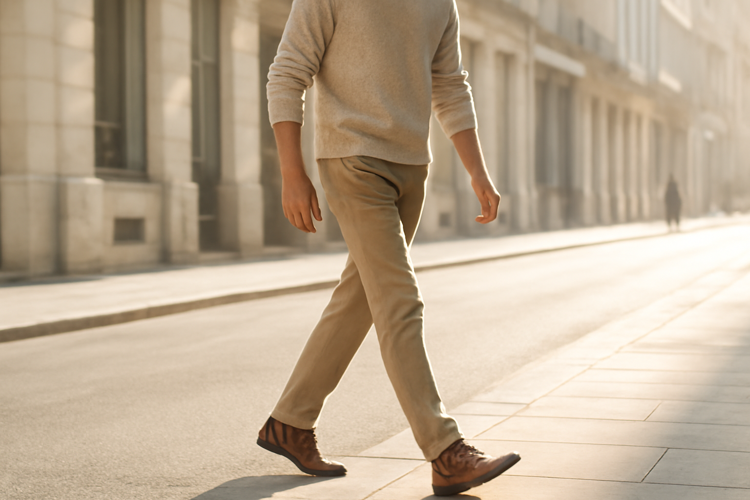 annie-chausseur-porter-chaussures-minimalistes-style homme marchant en ville avec chaussures sobres