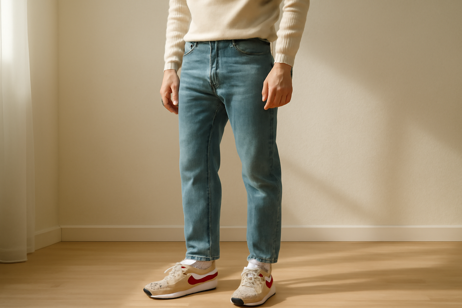annie-chausseur-porter-chaussures-retro-homme homme avec sneakers rétro et jean