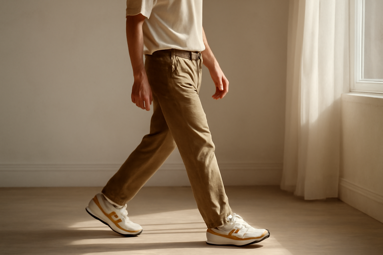 personne marchant avec sneakers rétro et tenue simple