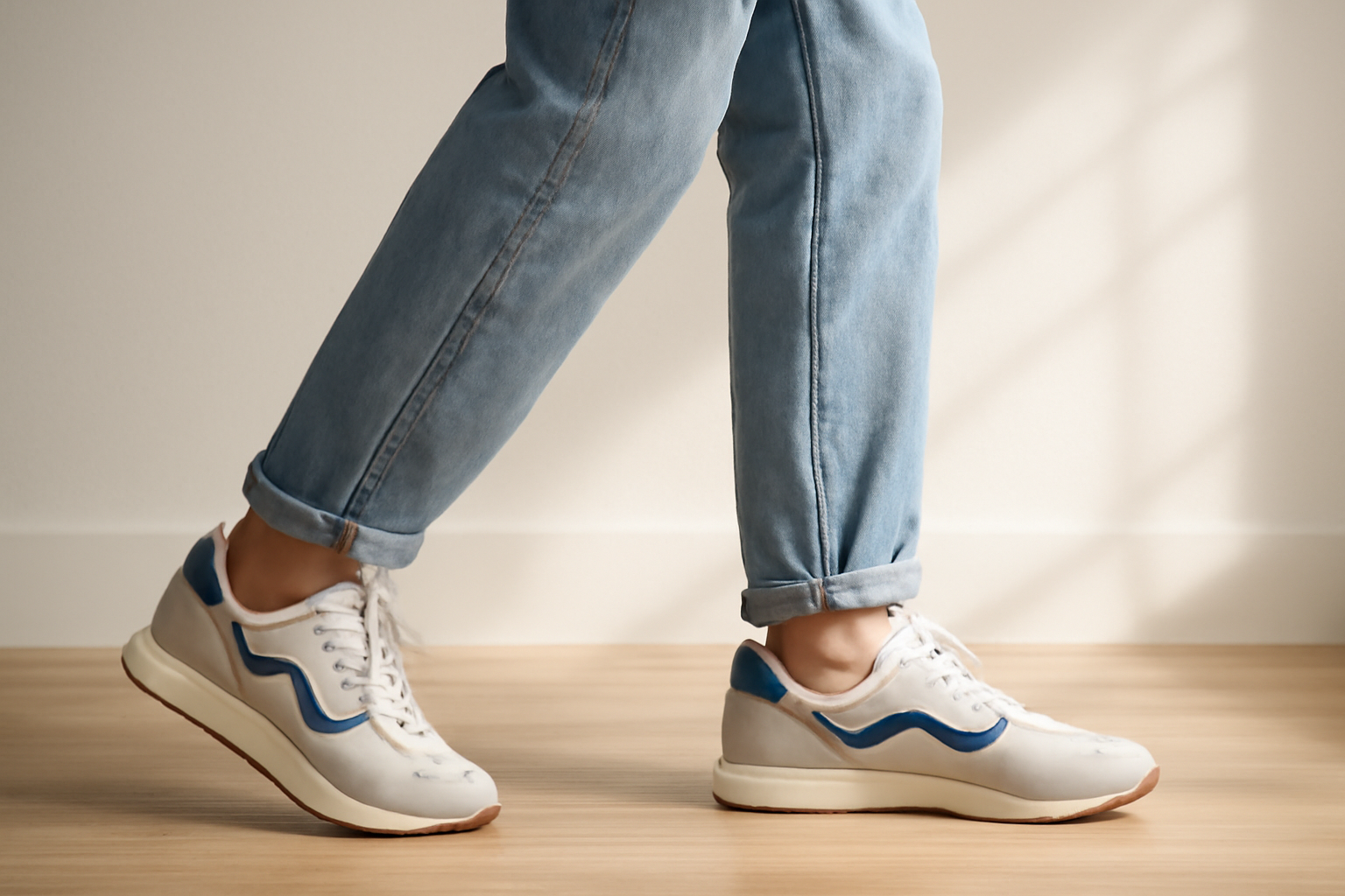 personne marchant avec sneakers rétro et jean