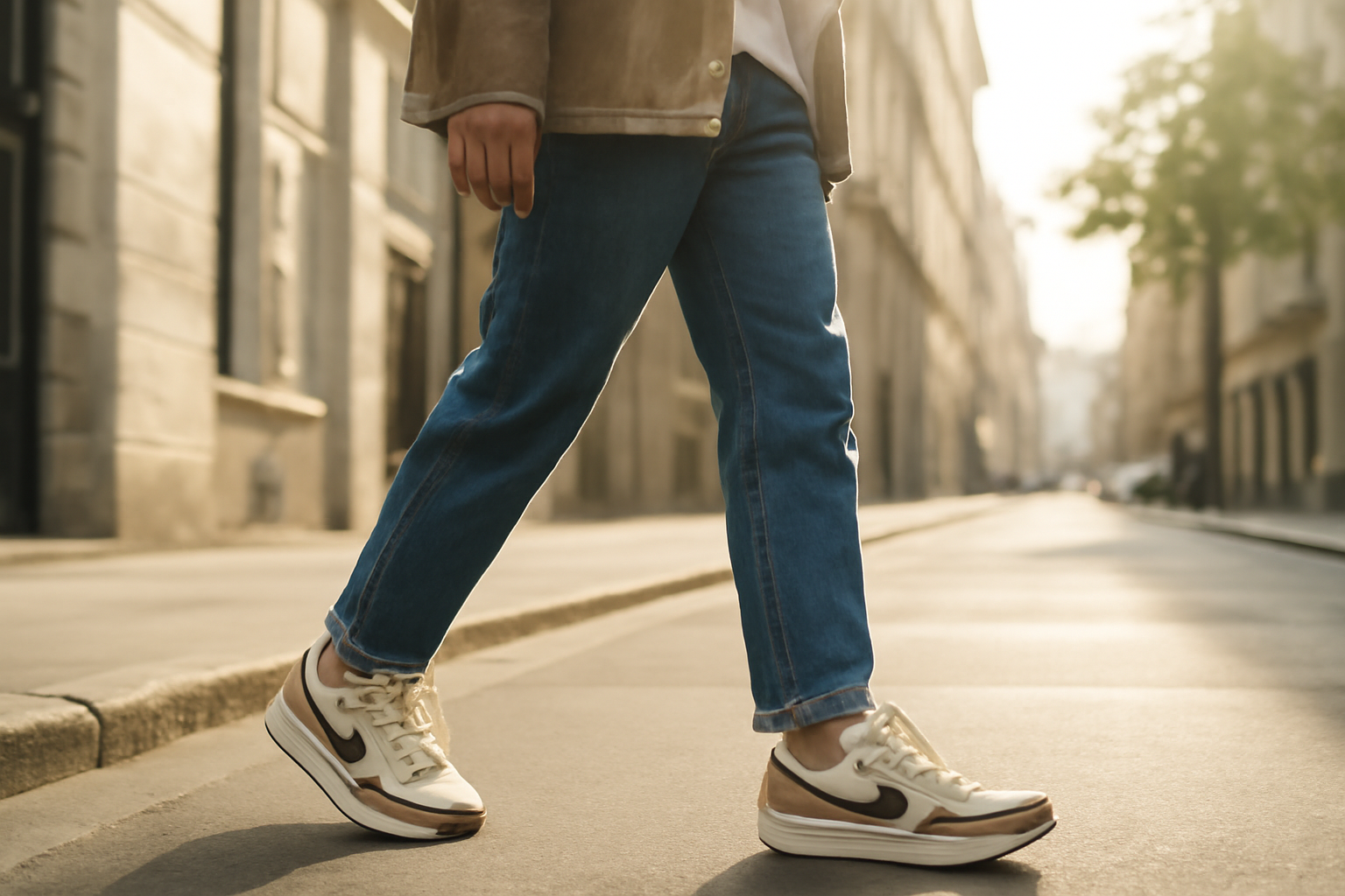 personne marchant en ville avec sneakers rétro