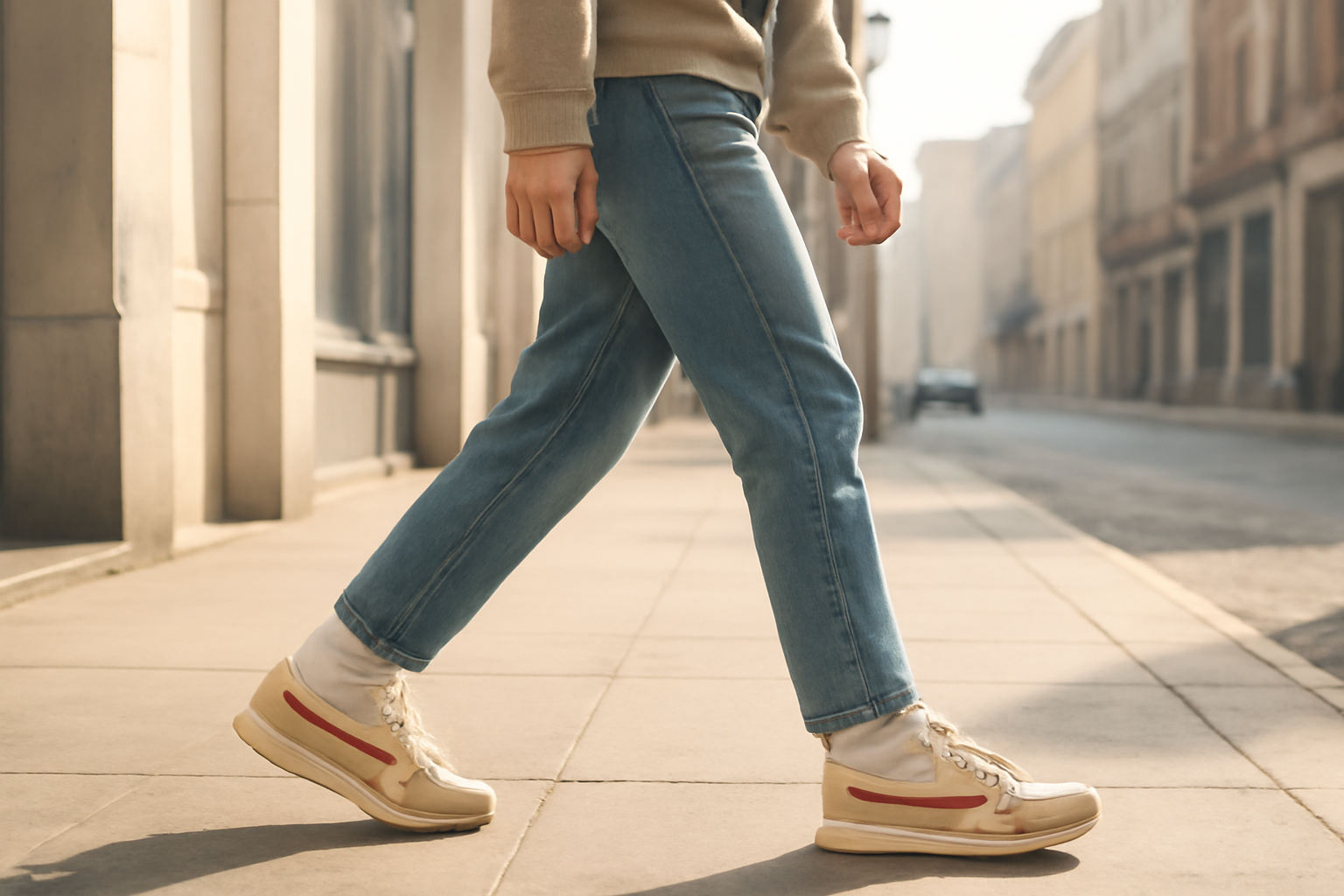 annie-chausseur-porter-chaussures-retro-urbain personne marchant en ville avec sneakers rétro
