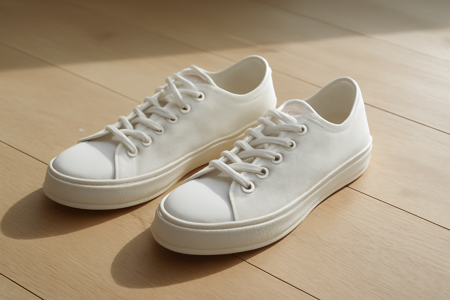 sneakers en toile blanches posées sur sol bois